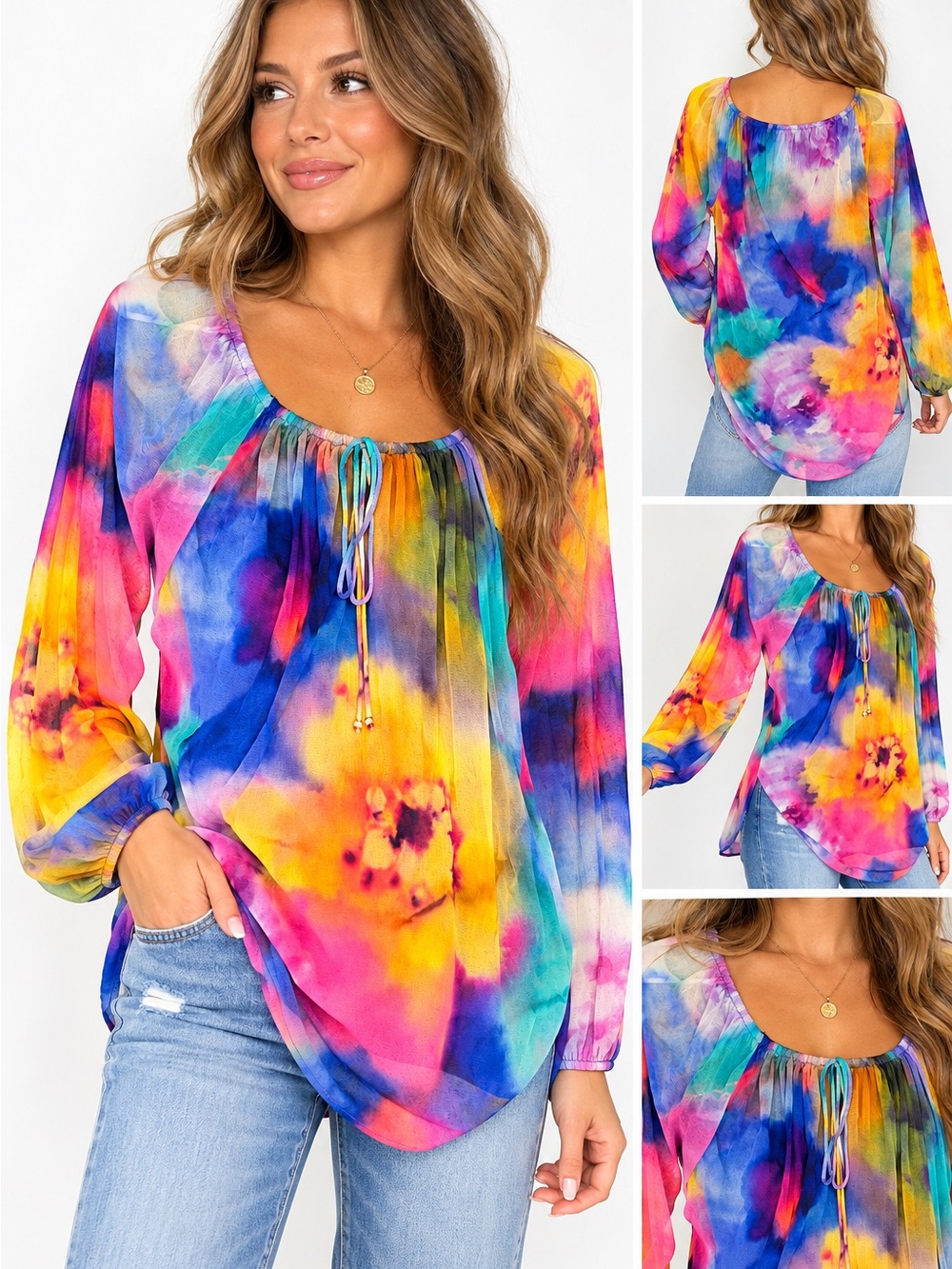 Elana Kattan Multicolor Watercolor Floral Sheer Mesh Tunic Blouse Made in USA